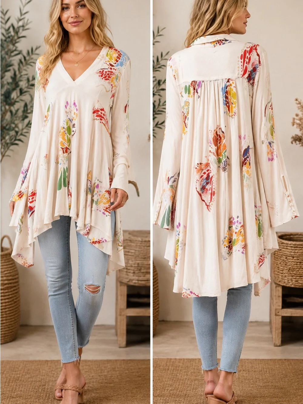 Free People Ivory Floral High Low Tunic Top (671189) 🌼